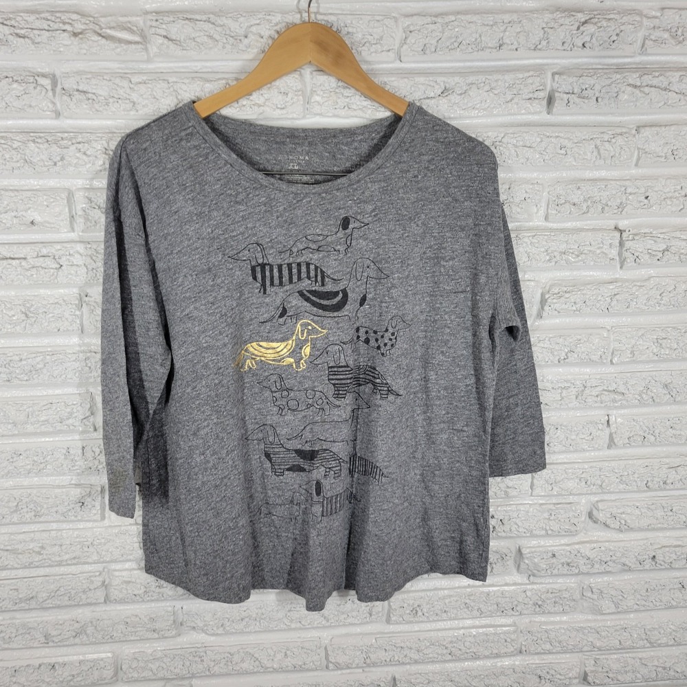 Sonoma Womens Top XL Tee 3/4 Sleeve Gray Dachshund Dog Crew Neck Casual Comfy